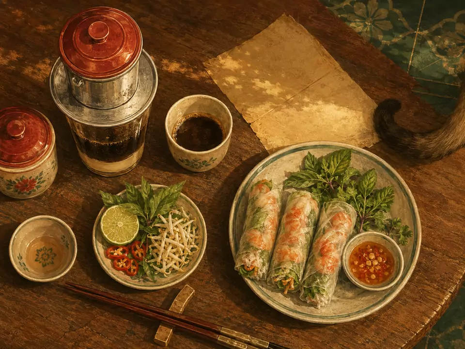 ภาพวาดกาแฟฟินและปอเปี๊ยะสดบนโต๊ะไม้สไตล์วินเทจ